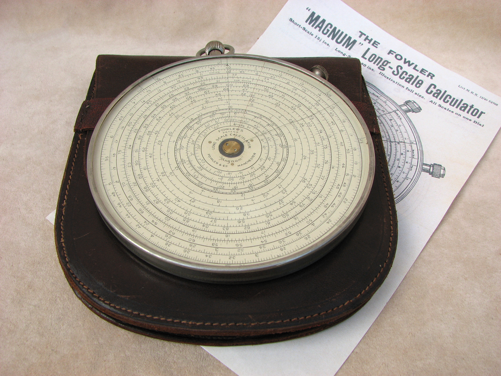 1930's Fowlers Magnum Long Scale calculator in leather case
